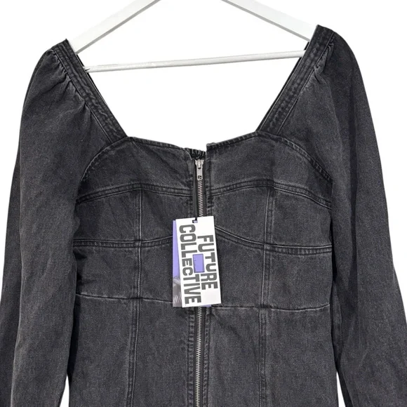 Future Collective Black Denim Long Sleeve Bustier Zipper Dress Size 14 NWT - Picture 2 of 12